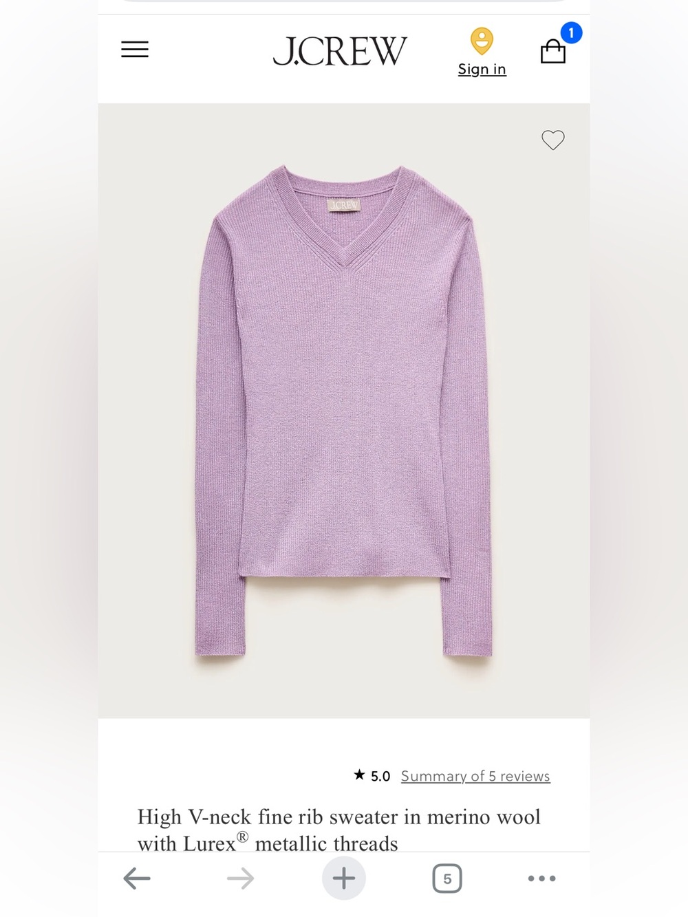 J. Crew High V-neck fine rib sweater in merino wool with Lurex® metallic threads